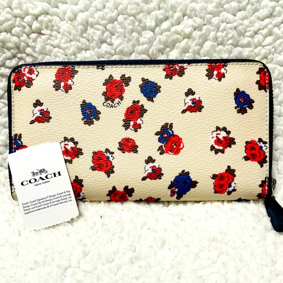 Coach Floral Print Women's Wallet - Cream, Red, Blue - Picture 3 of 6
